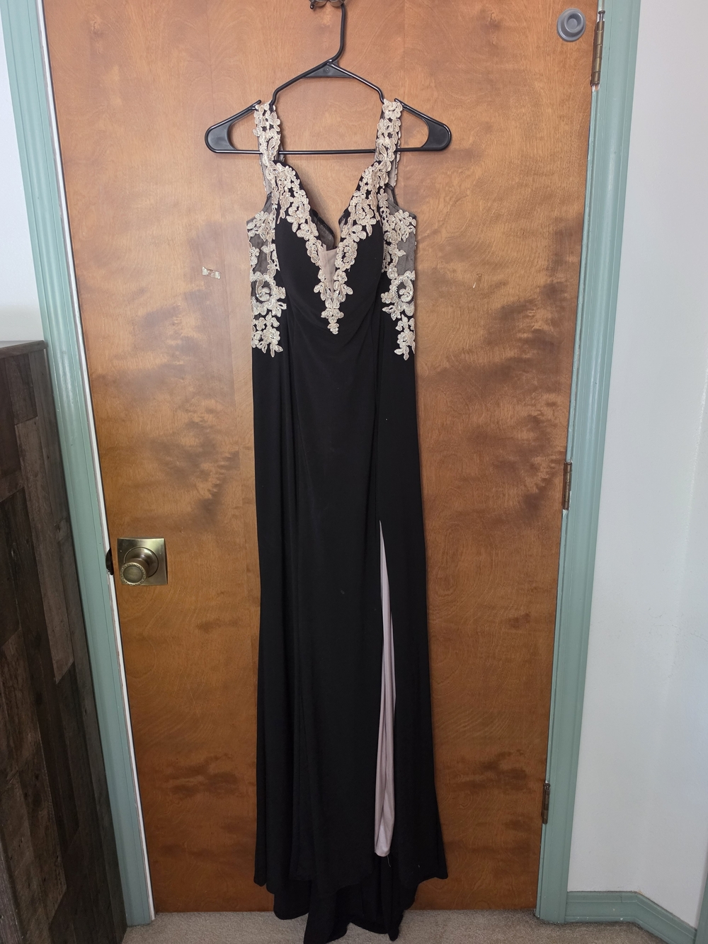 Betsy & Adam Black Evening Gown with Ivory Lace Appliqué